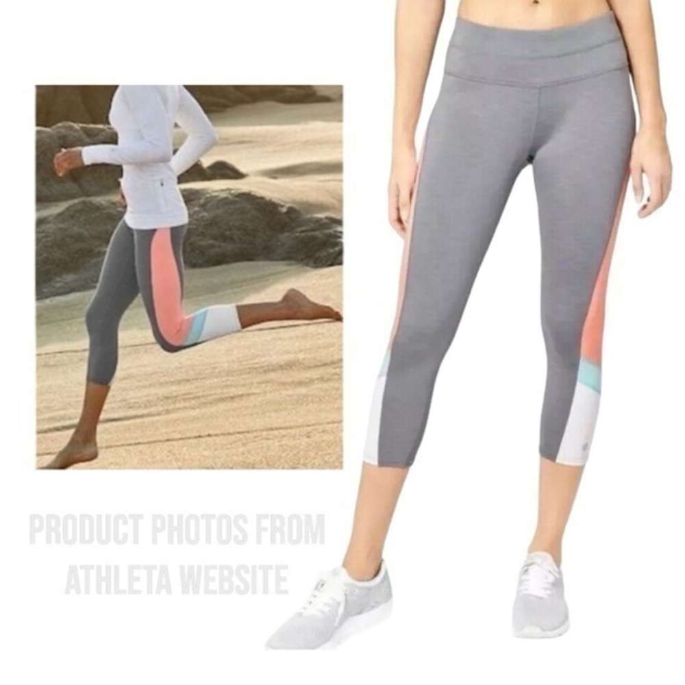 Athleta Women’s Colorblock Sonar Capri Crop Leggings in Gray/Coral/White (Small)